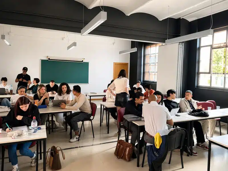 Estudiantes de Dirección de Empresas trabajando en equipo
